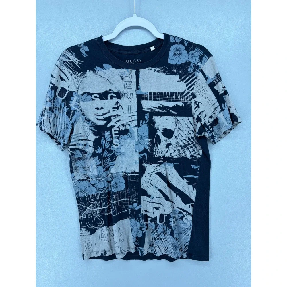 Guess Mens T-Shirt Navy Blue Skull Floral Graphic Collage Small - Picture 3 of 4